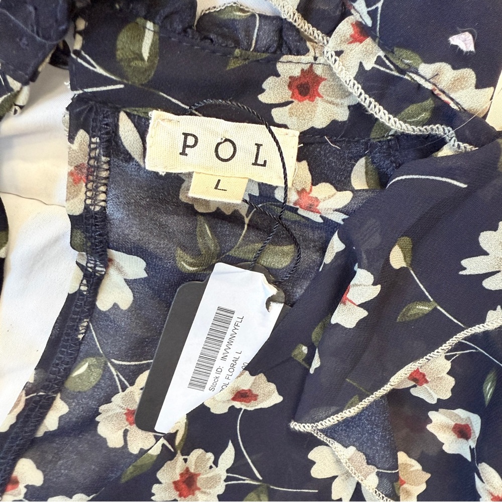POL Navy Floral Ruffle Sheer Blouse Women’s Large Boho Romantic Cottagecore NWT - Picture 7 of 10